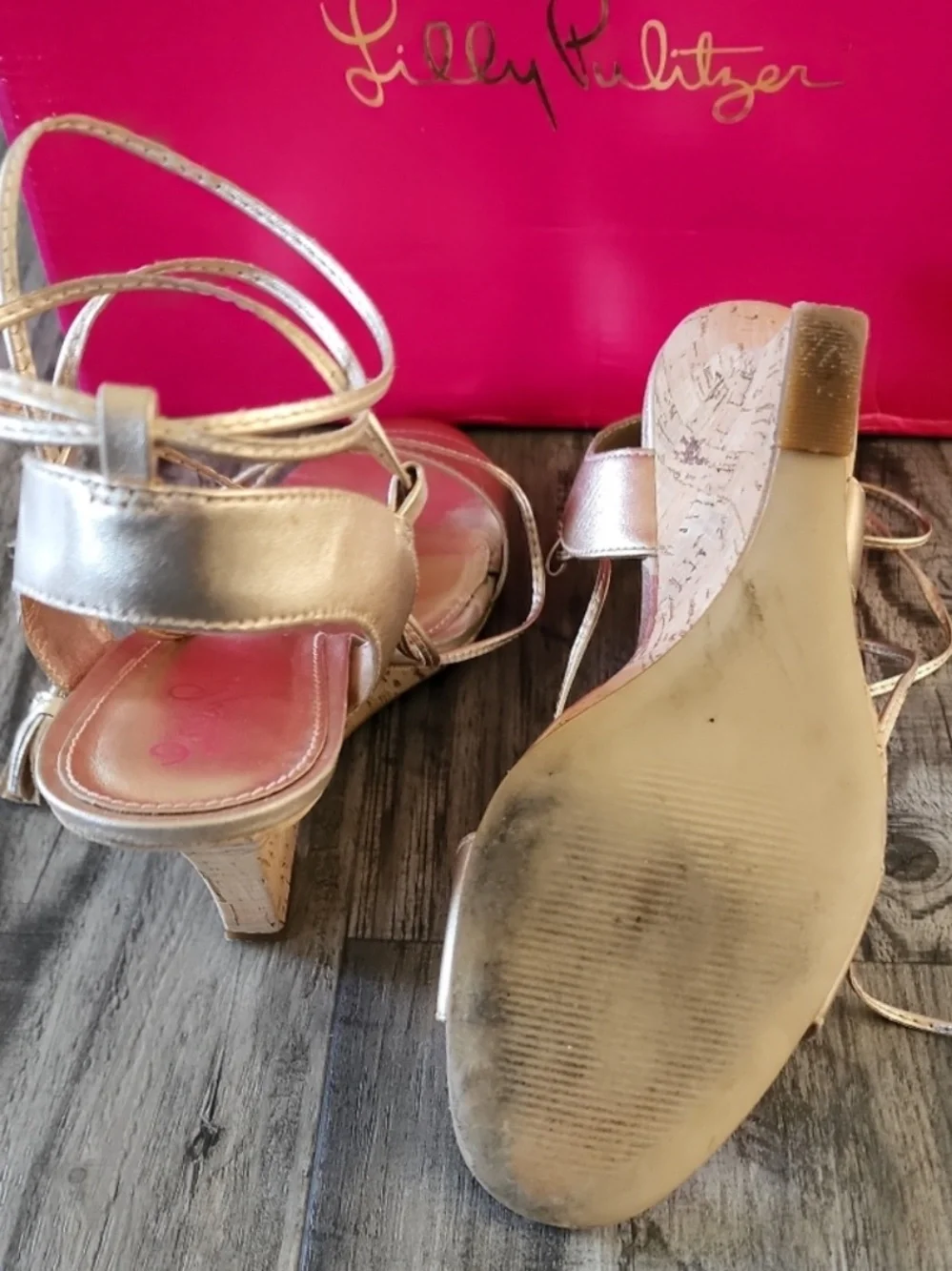 Lilly Pulitzer Aria Wedge Gold Sandals Sz 8.5